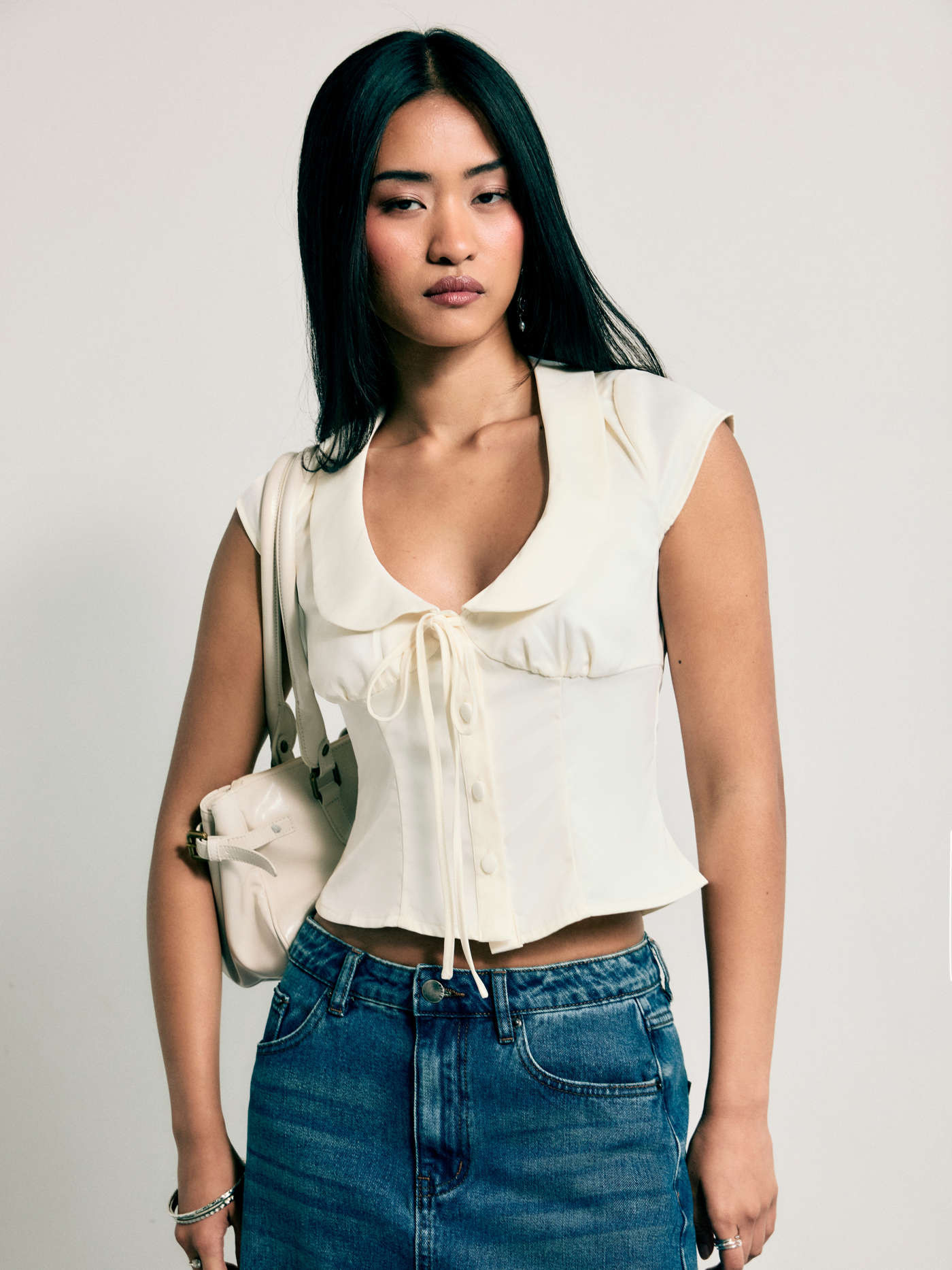 Satin Peter Pan Collar Knotted Crop Blouse | Cider