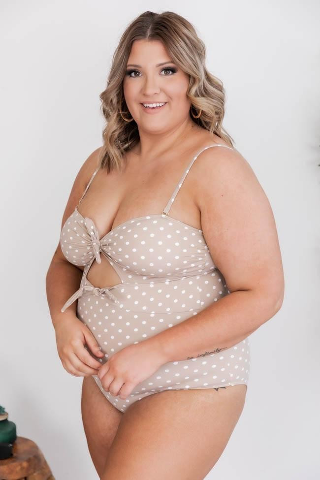 CAITLIN COVINGTON X PINK LILY Cozumel Cutout Polka Dot Taupe Swimsuit | The Pink Lily Boutique