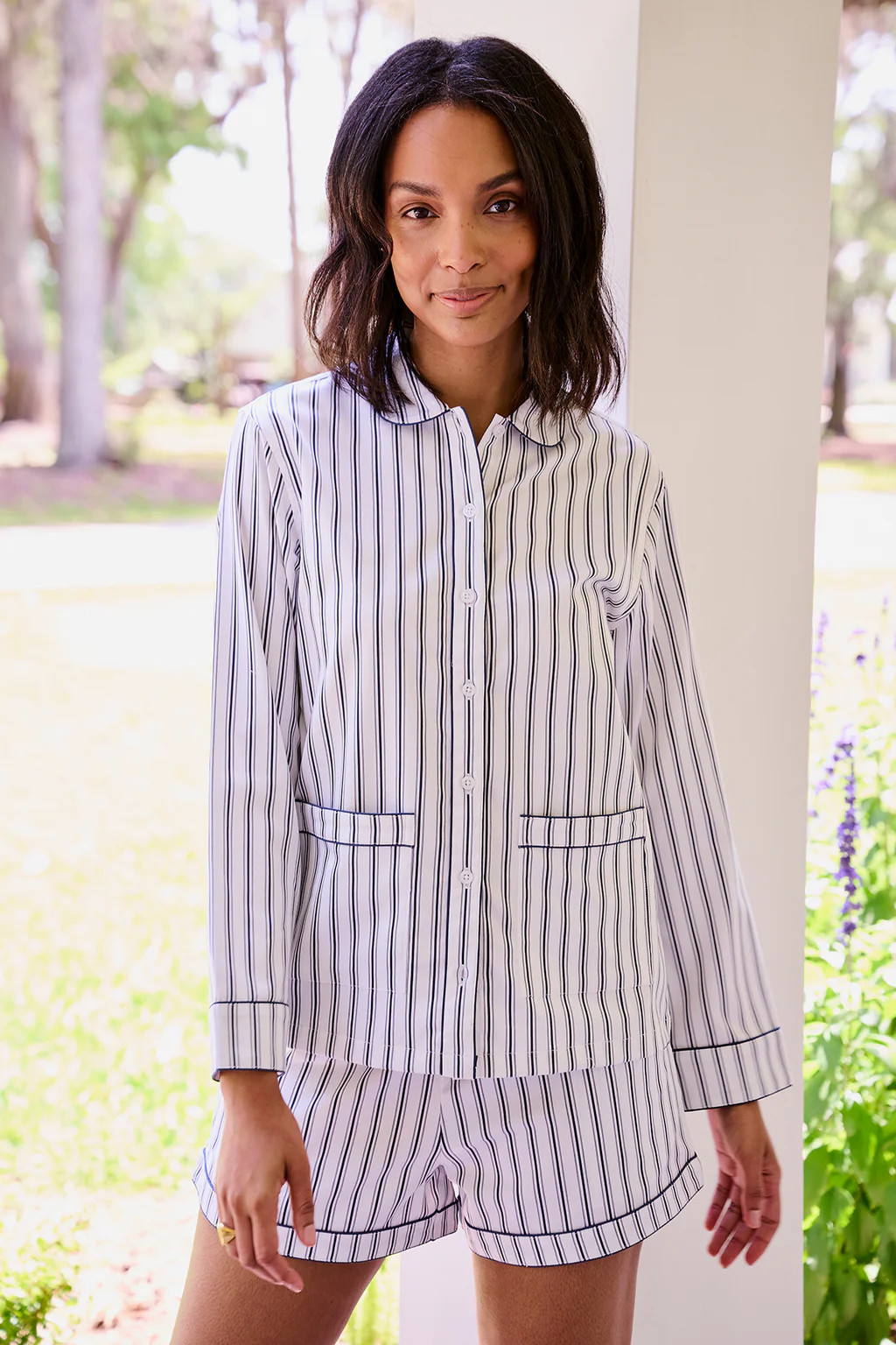 Poplin Piped Shorts Set in Navy Ticking Stripe | Lake Pajamas