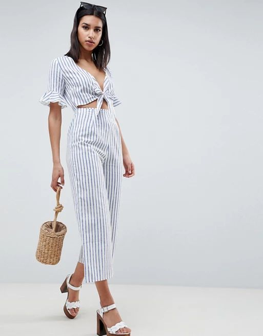 ASOS DESIGN tea jumpsuit with cut out and tie detail in linen in stripe | ASOS US