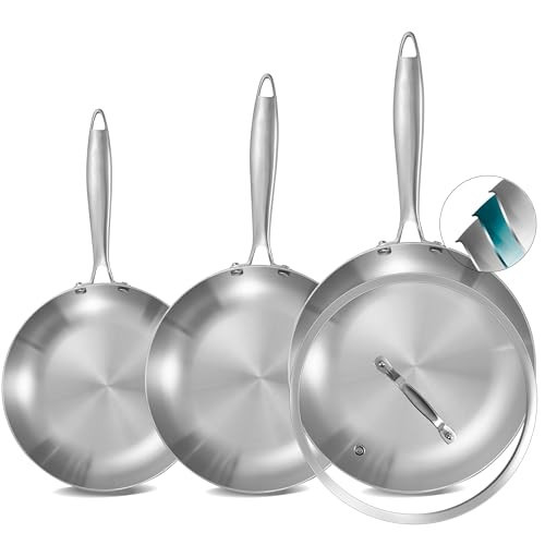 Inqibee Tri-Ply Stainless Steel Frying Pans Set with Lid, 8”/9.5”/11” Skillets, Induction Cooking Pans Set, Riveted Handle, Even Heating and Oven Safe | Amazon (US)
