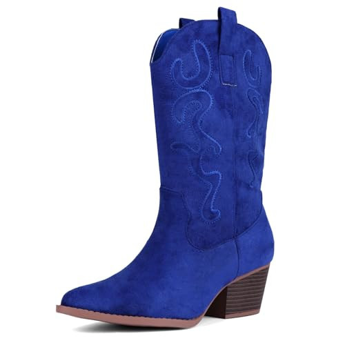 Bandkos Cowboy Boots for Women Cowgirl Mid Calf Western Embroidered Boot Low Chunky Block Heel Fashion Boots Size 11 Navy Blue | Amazon (US)