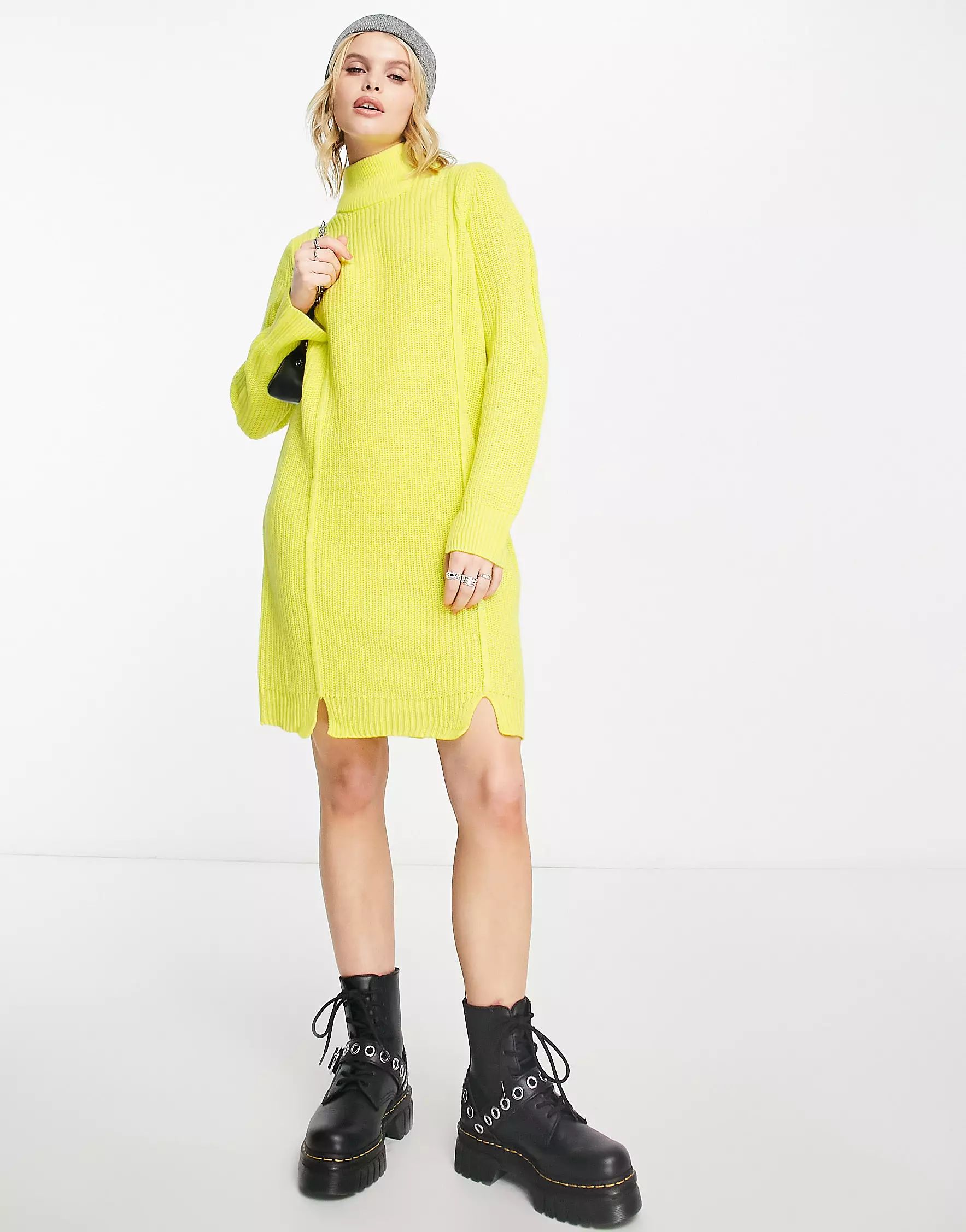 Only high neck knitted mini dress with seam detail in lime | ASOS (Global)