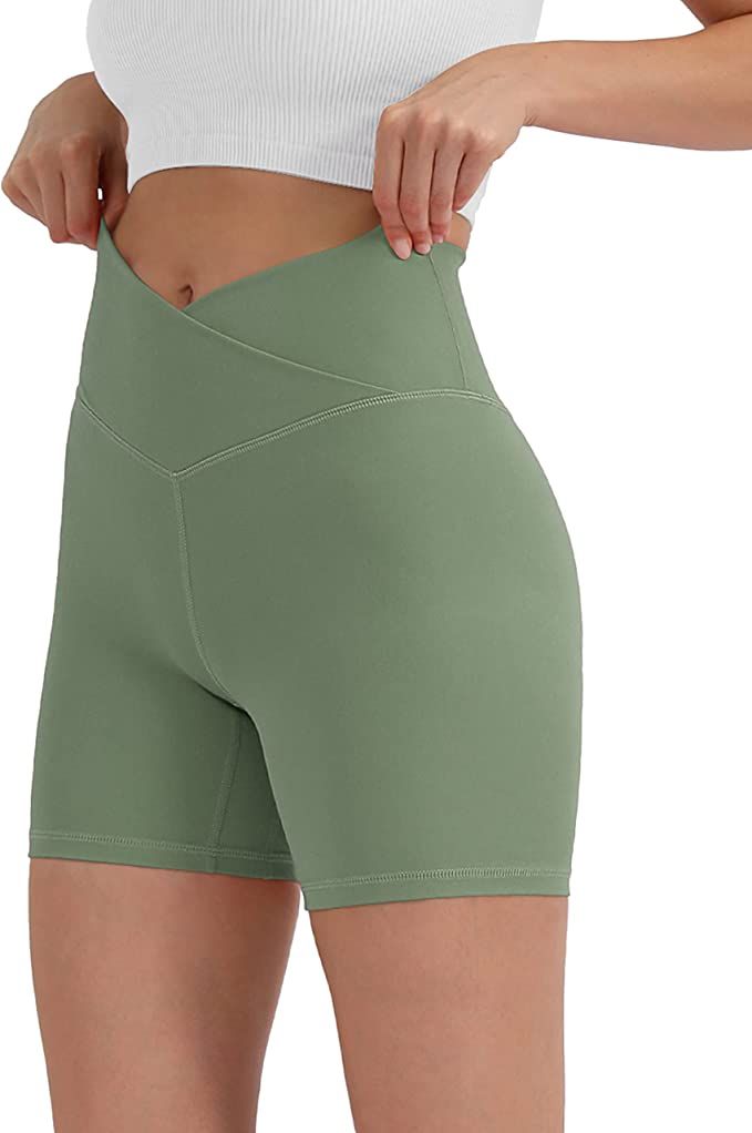 ODODOS Women's Cross Waist Biker Shorts with Inner Pocket, Sports Athletic Workout Running Yoga S... | Amazon (US)