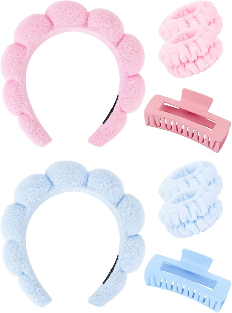 Wecoe Pink Blue Spa Headband And Wristband Set Skincare Headband For Washing Face Hair Claw Clips... | Amazon (US)