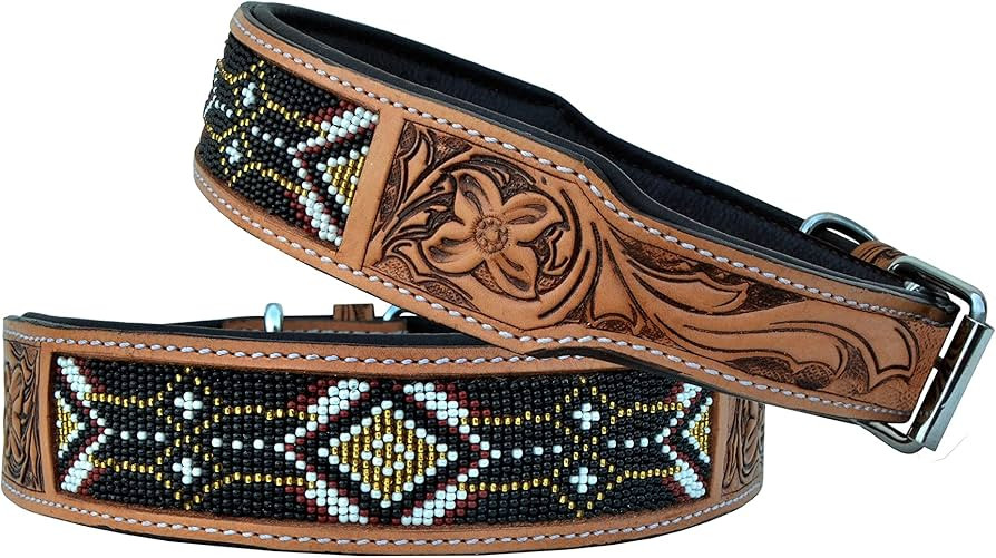 AFFILARE Leather Dog Collar Beaded Western Dog Collar Heavy Duty Tooled Adjustable 10AB001 | Amazon (US)