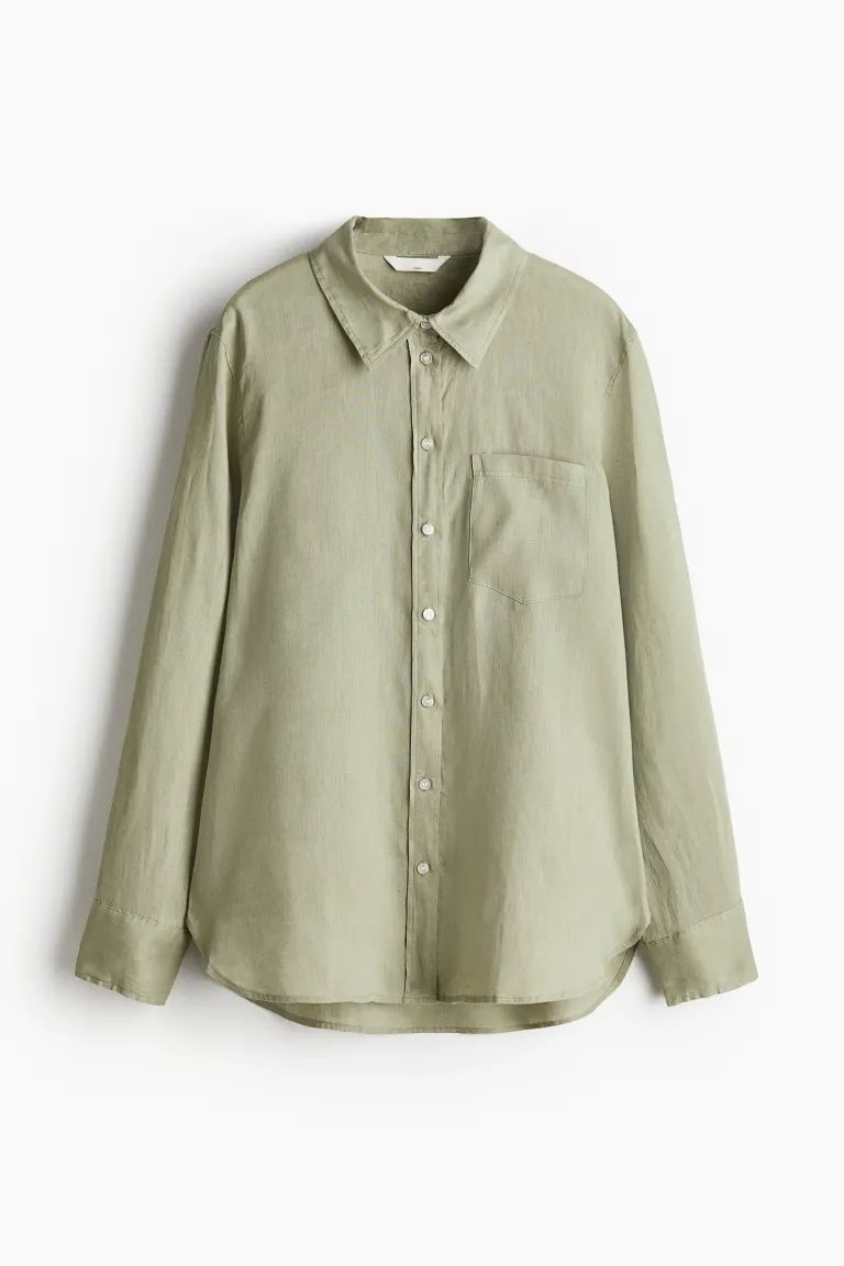 Linen shirt - Light khaki green - Ladies | H&M GB | H&M (UK, MY, IN, SG, PH, TW, HK)