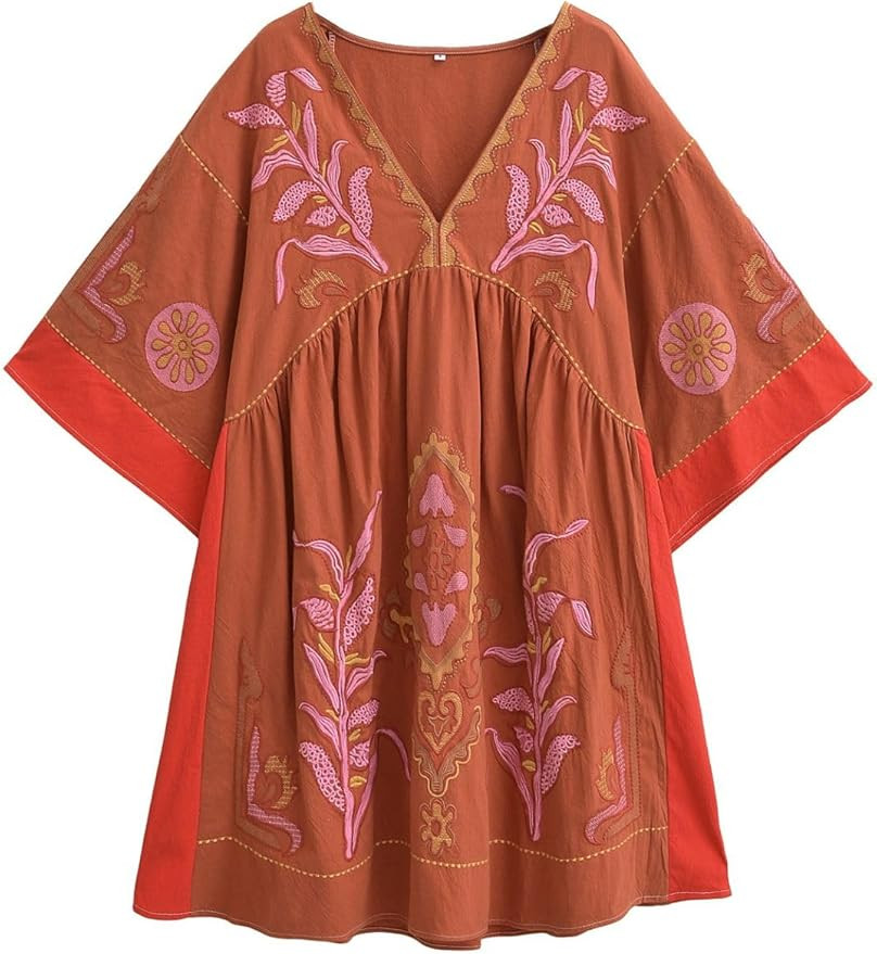 Womens Oversized Embroidered Dress with V-Neck and 3/4 Sleeves Vintage Embroidery Babydoll Dress | Amazon (US)
