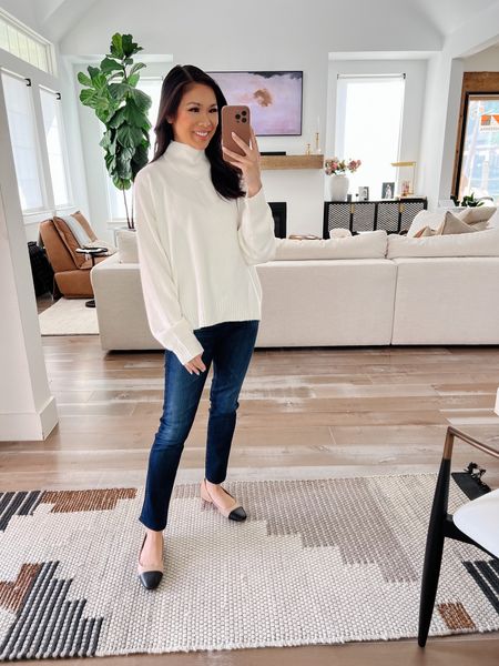 Smart casual outfit with dark wash denim jeans and cashmere/wool mockneck sweater that I love! Wearing size XS and it fits TTS. So comfy and cozy for the fall and winter! Jeans are size 0 and TTS, too. Shoes have a slight heel and are perfect for workwear or casual wear. Whole outfit is on sale for the NSALE! 

#LTKsalealert #LTKxNSale #LTKstyletip