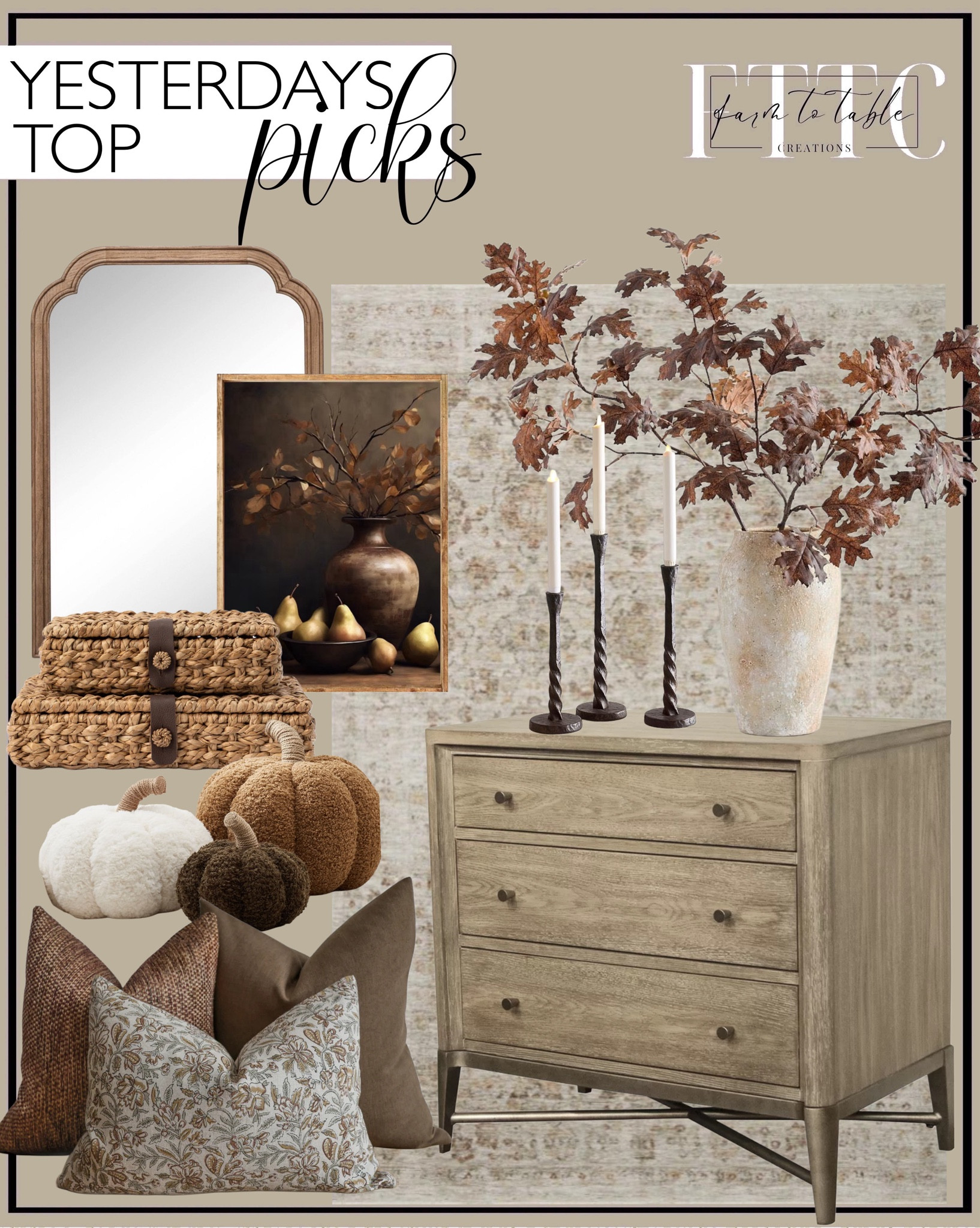 Yesterday’s Top Picks. Follow @farmtotablecreations on Instagram for more inspirational.

Regan Metal Nightstand. Amber Lewis x Loloi Honora Beige/Spice Area Rug. French Country Wall Mirror. Autumn Stems & Pears Canvas Art. Faux Oak Branch with Acorns. Corinne Woven Box. Cozy Pumpkin Pillows. Indian Summer Pillow Combo. Easton Forged Iron Candle Holder.  Artisan Vase  

Seasonal Decor | Bedroom corner | Coffee Table Decor | Fall Decor | Fall Stem Sale | Target Finds | Skinny Bench | Bedroom | Living Room | Breakfast Nook | Amazon Home | Target Sale | Loloi Rugs | Magnolia Home | console table | console table styling | faux stems | entryway space | home decor finds | neutral decor | entryway decor | cozy home | affordable decor |  home decor | home inspiration | fall stems | fall console | spring vignette | fall decor | fall decorations | console styling | entryway rug | cozy moody home | moody decor | neutral home



#LTKFindsUnder50 #LTKHome #LTKSaleAlert