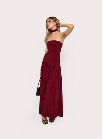 Odela Strapless Drop Waist Maxi Dress Cherry | Princess Polly US