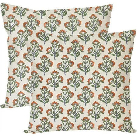 Block Print Throw Pillow Covers 18x18 Inch Set of 2 Green and Orange Vintage Floral Boho Outdoor Farmhouse Fall Decorations Decorative Throw Pillows Cases for Home Living Room Couch Decor | Walmart (US)