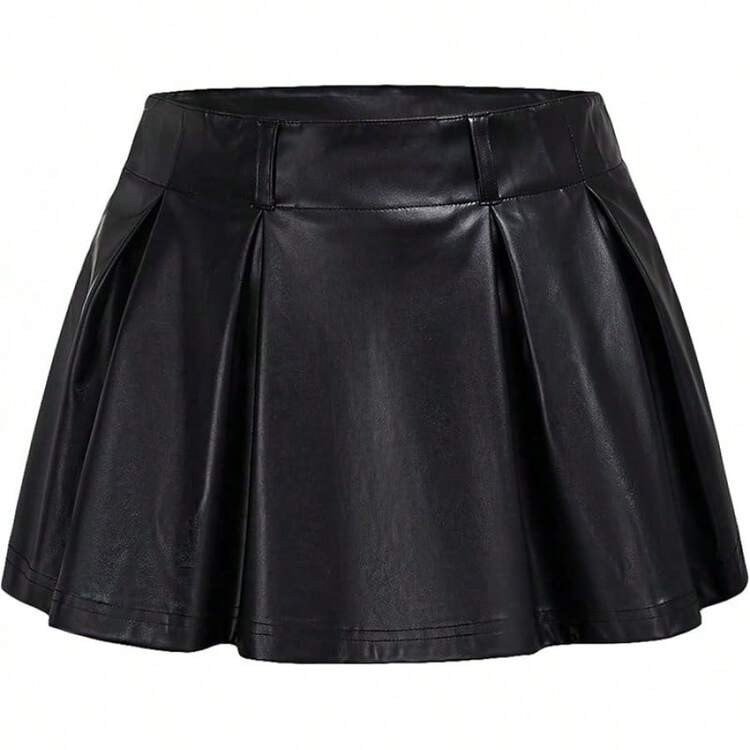 Women's PU Leather A Line Skirt Flared Hem Pleated Skirts With Shorts | SHEIN
