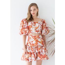 Maple Painting Bubble Sleeve Top and Tiered Ruffle Skirt Set | Chicwish