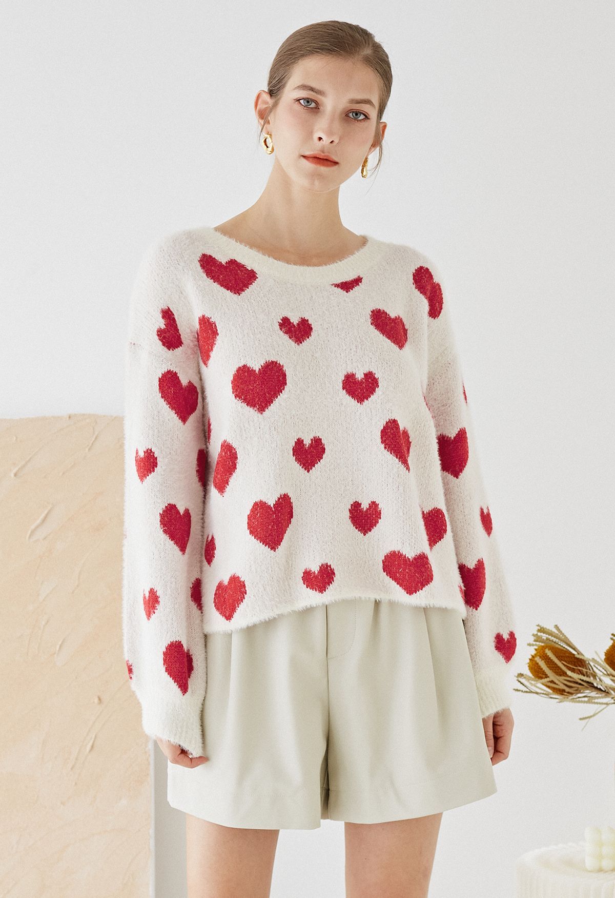 Fuzzy Contrast Heart Knit Sweater in Ivory | Chicwish