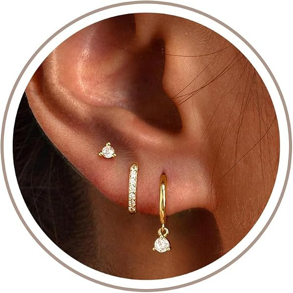 Freekiss 3 Pairs Gold Hoop Earrings Set - Dainty Stud for Multiple Piercing | Amazon (US)