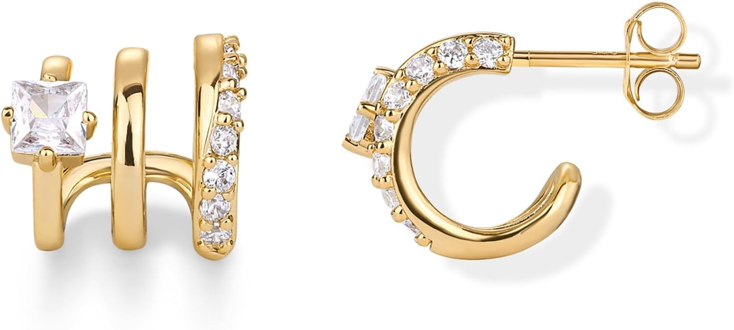 PAVOI 14K Gold Plated Sterling Silver Posts Cubic Zirconia Segment Triple Hoop Earrings for Women... | Amazon (US)