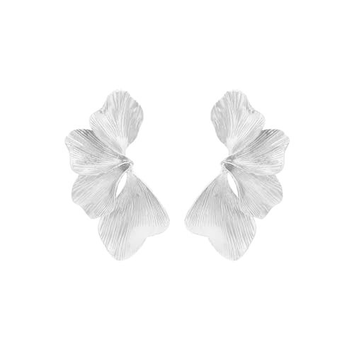 Gold Flower Earrings Statement Earrings for Women Big Exaggerated Floral Petal Leaf Stud Earrings (Silver) | Amazon (US)