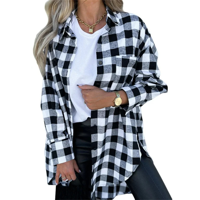 AmShibel Women Long Sleeve Plaid Shirts Casual Knee Length Shacket Jacket Button UpLong Flannel L... | Walmart (US)