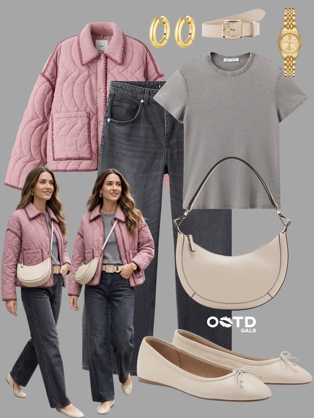 Soft Layers, Everyday Ease 💗🩶

Muted pink meets cool grey for that perfect off-duty look that feels cozy but still put together. It’s relaxed, wearable, and effortlessly polished.

Comfort… but make it chic.

✨ Style Details:
• Quilted pink jacket for a soft statement layer  
• Grey tee for an easy, minimal base  
• Washed black/grey jeans for a modern edge  
• Cream ballet flats for a feminine touch  
• Matching cream shoulder bag for a clean finish  
• Neutral belt to pull it all together  
• Gold hoops + watch for subtle shine  

Casual, soft, and elevated all at once ✨

#LTKStyle #LTKCasual #LTKEveryday

#LTKgrwm #LTKootd #LTKSeasonal