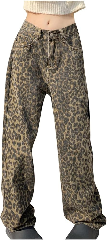 Y2k Leopard Print Jeans for Women Cheetah High Waisted Wide Leg Pants Various Style Trendy Street... | Amazon (CA)