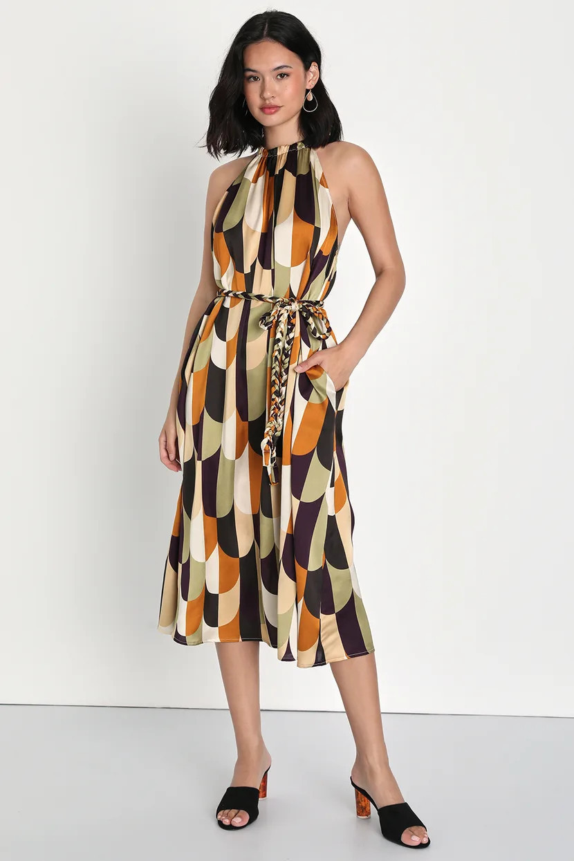 Avant-Garde Aura Multi Geo Print Halter Midi Dress Light Green Dress Sage Green Dress Midi Dresses | Lulus (US)