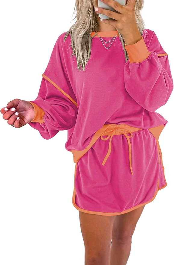 miduo Womens Color Block Casual Long Sleeve Sweatshirt and Drawstring Mini Skirt Matching Sets 2 ... | Amazon (US)