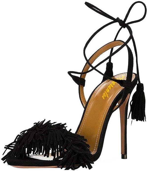 Amarantos Women's Fringe High Heel Sandals Open Toe Stiletto Tassels Sandals Ladies Fashion Strap... | Amazon (US)
