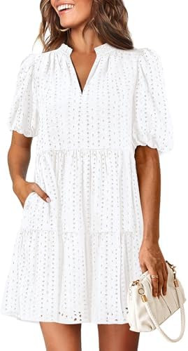 KIRUNDO Eyelet Summer Dress Mini Hollow Out Short Sleeve Baby Doll Beach Dresses For Women Cute T... | Amazon (US)