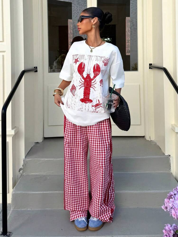 Muchica Women's Casual Lobster Print T-Shirt & Plaid Pants 2 Pieces Set Going Out Outfits, Streetwear, Y2K Clothes, Summer | SHEIN