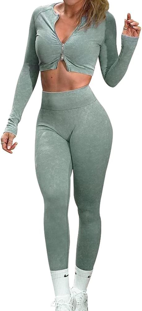OLCHEE Women’s 2 Piece Seamless Acid Wash Workout Outfits High Waist Leggings Long Sleeve Zipper Cro | Amazon (US)