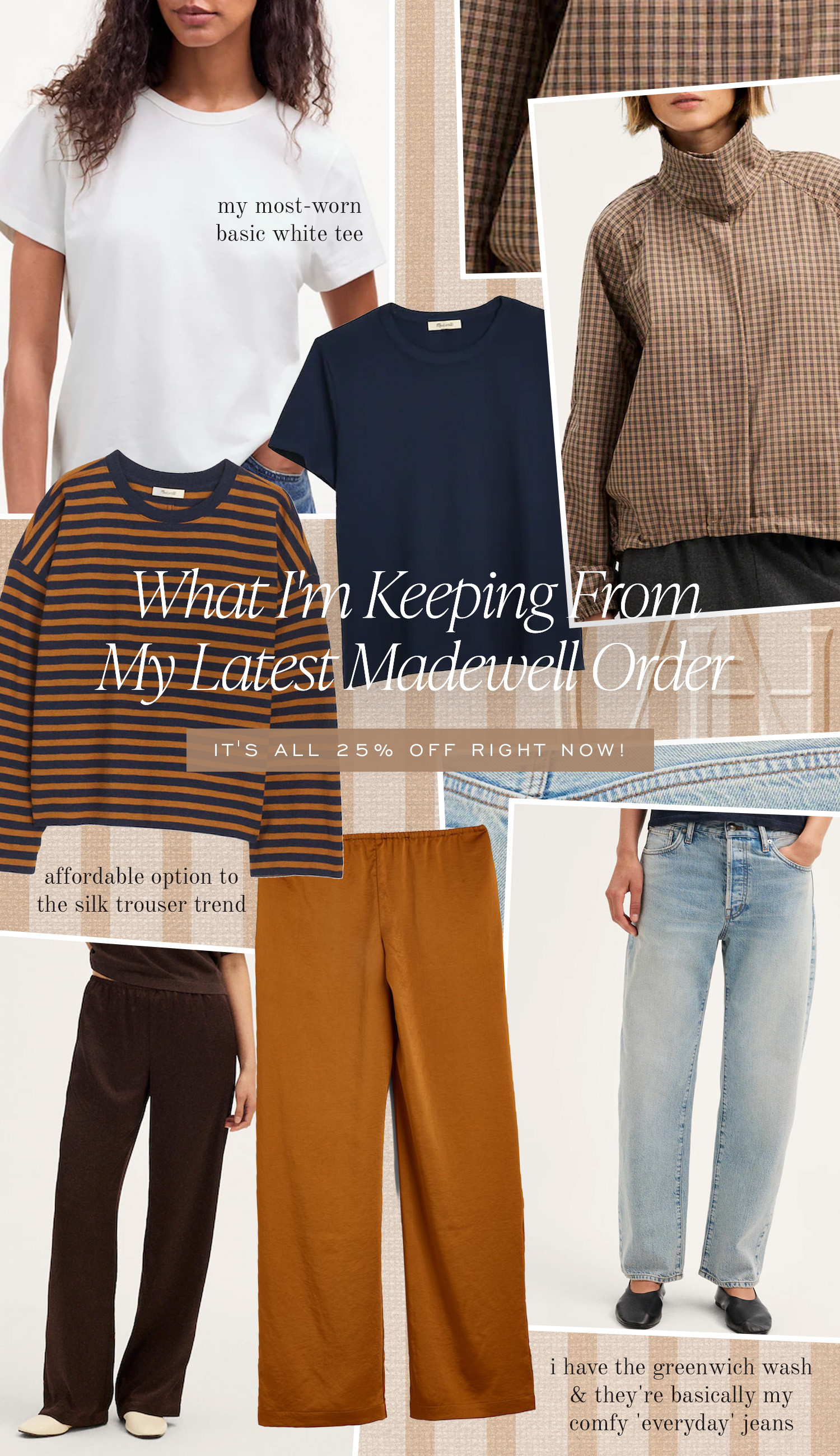 Madewell Insider favorites. Basic tees, a striped crewneck, satin pants, a checkered jacket and barrel leg jeans.  

 #LTKSaleAlert