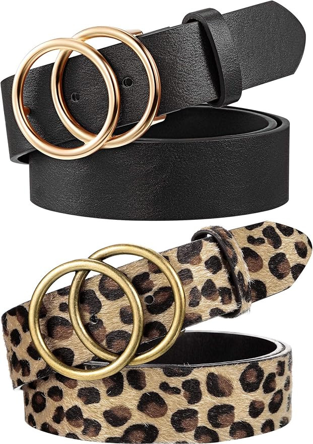2 Pieces Women Leather Belt Faux Leather Waist Belts with Double O-Ring Buckle | Amazon (US)