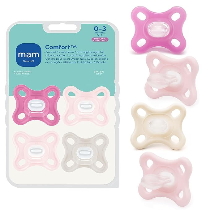 MAM Comfort Baby Pacifier 0-3 Mths Lightweight One-Piece Silicone 4 Pack | Amazon (US)