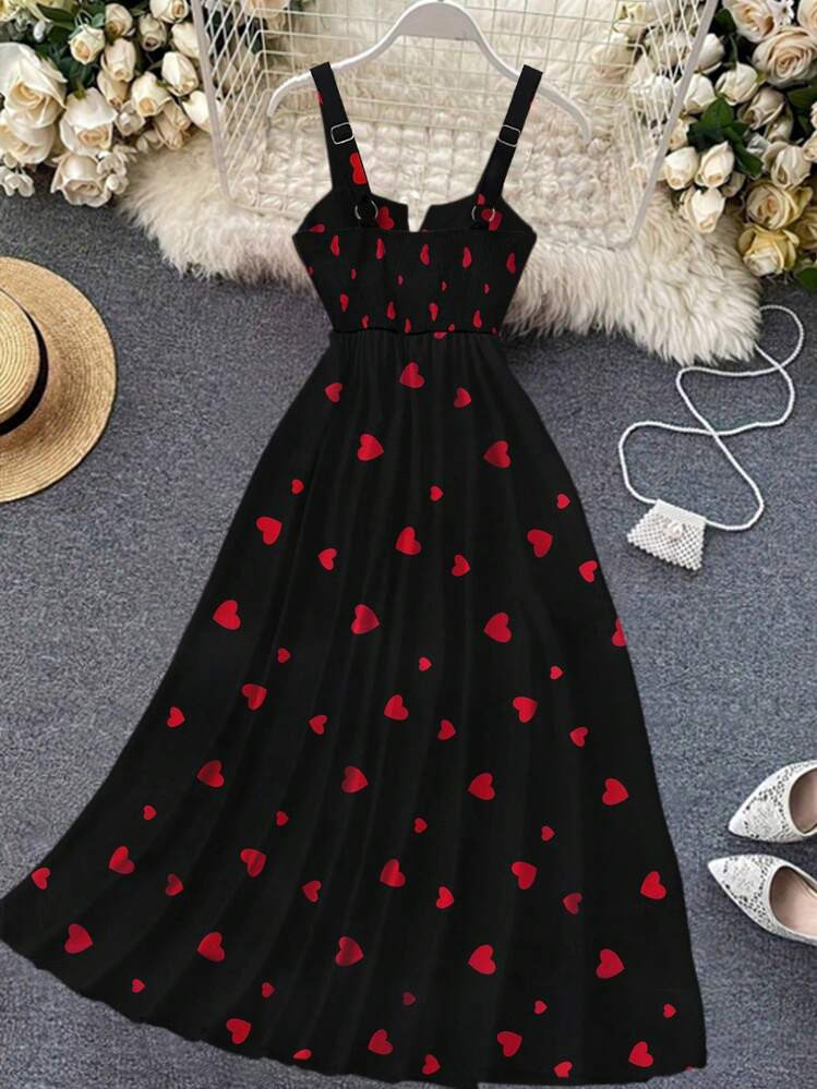 Franclia Women's Wide Strap Full Heart Print Valentine's Day Vacation Date Elegant And Cute V-Neck Waist A-Hem Simple Casual 2025 New Long Dress | SHEIN
