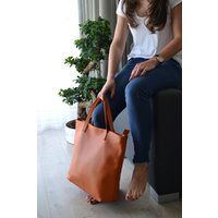 Oversize Bag Leather Tote Bag, Top Zip Orange Purse, Italian Pebbled Tote, Big Macbook Bag - London | Etsy (US)