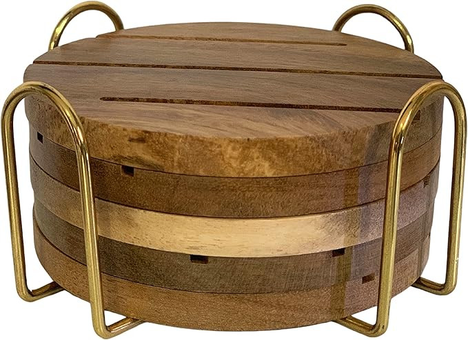 Wooden Coasters for Drinks, Reversible Natural Acacia Wood Drink Coaster Set of 5 with Holder for... | Amazon (US)