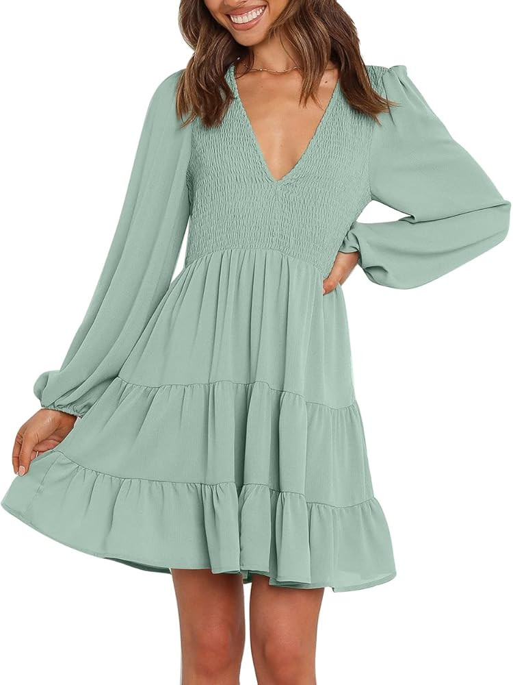 Umimi Women's Fall Casual Long Sleeve V Neck Smocked Elastic Waist Flowy Tiered Mini Dress | Amazon (US)