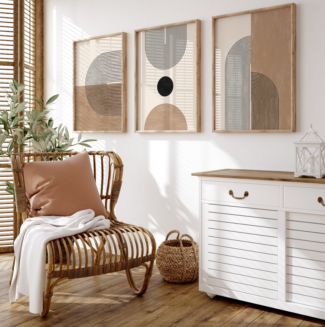 Mid Century Art Prints Set of 3, Neutral Modern Wall Art Decor, Digital Download, Boho Style Art ... | Etsy (US)