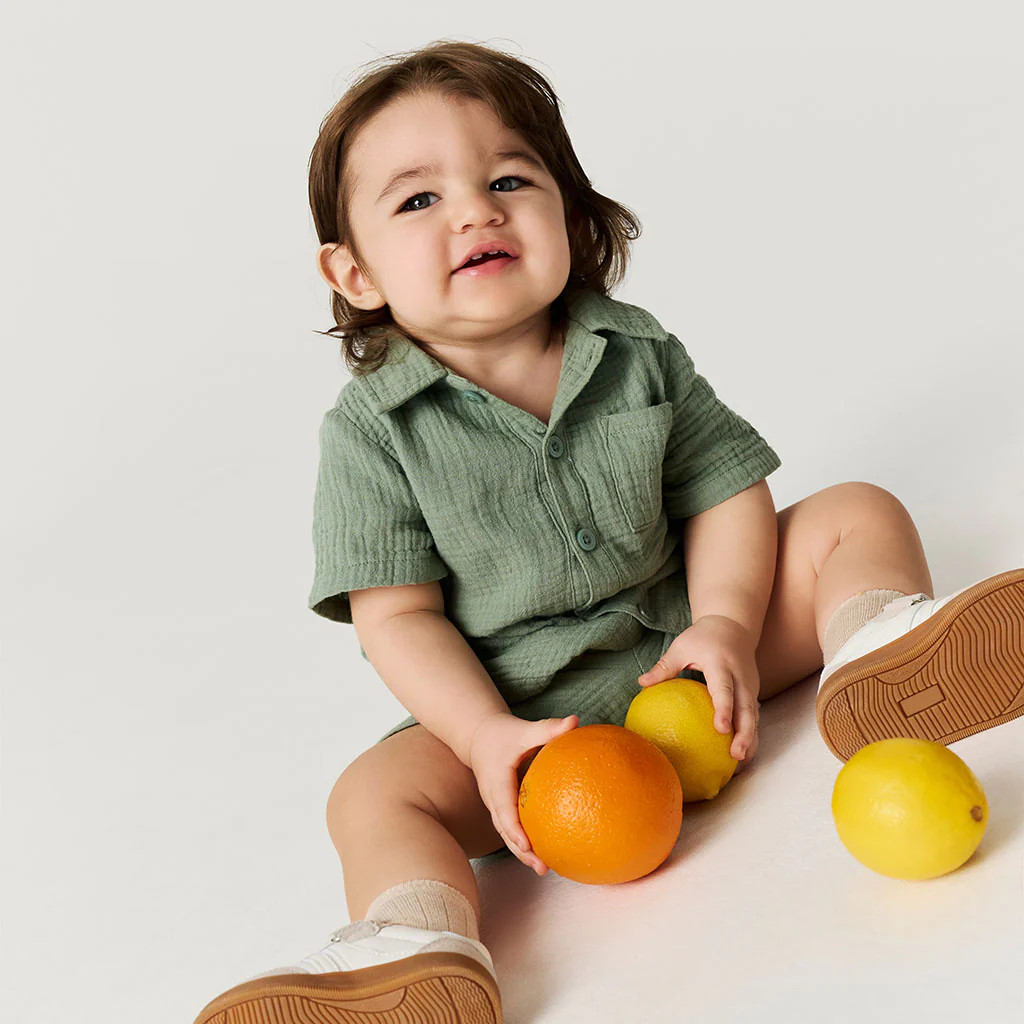 Solids Green Short Sleeve Soft Jade Cotton Crinkle Button Down Short Set | Posh Peanut® | Posh Peanut