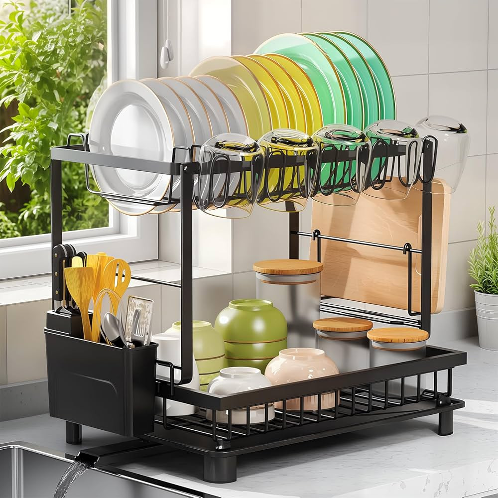 Dish Drying Rack, 2 Tier Space-Saving Dish Rack, Multifunctional Dish Drainer for Kitchen Counter... | Amazon (US)