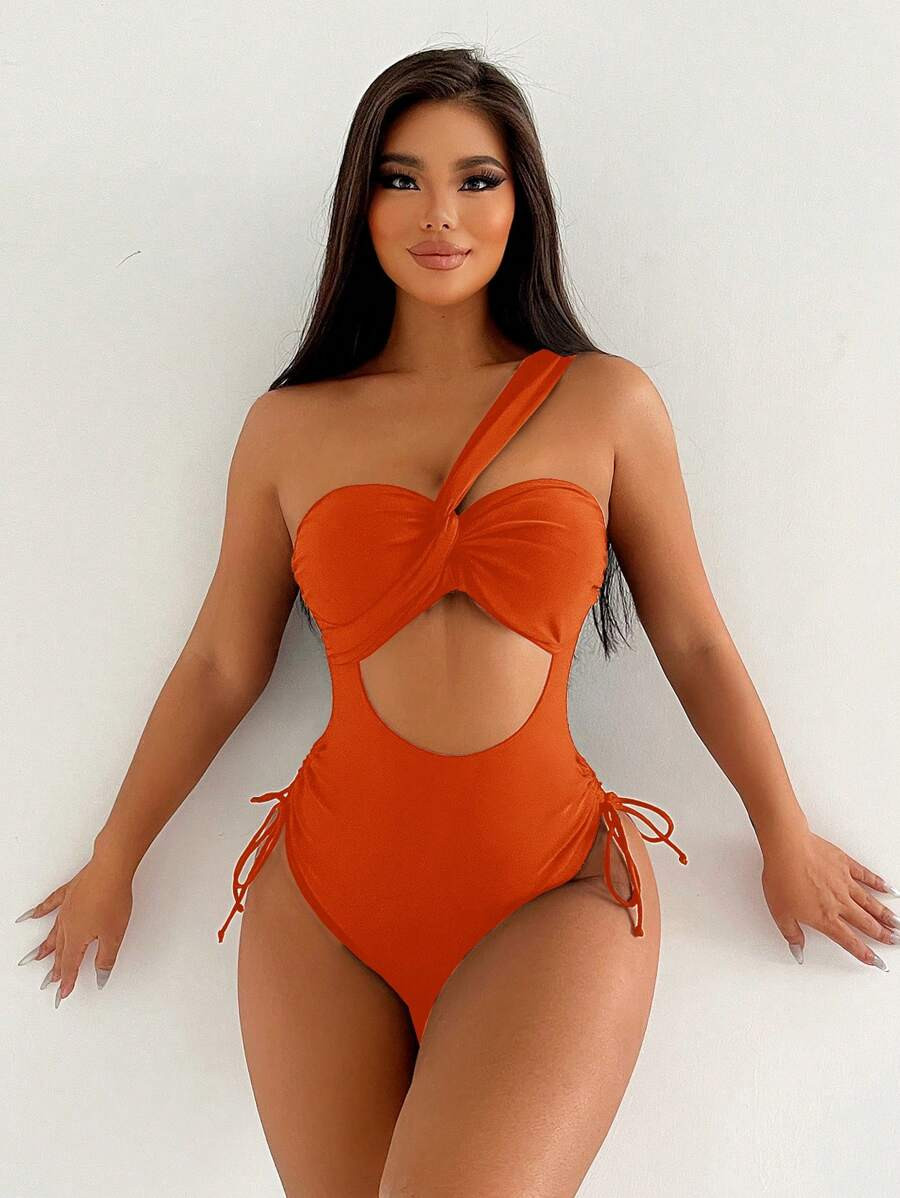 SHEIN Swim Summer Beach Solid Color Hollow Out One-Piece Swimsuit With Drawstring Side | SHEIN