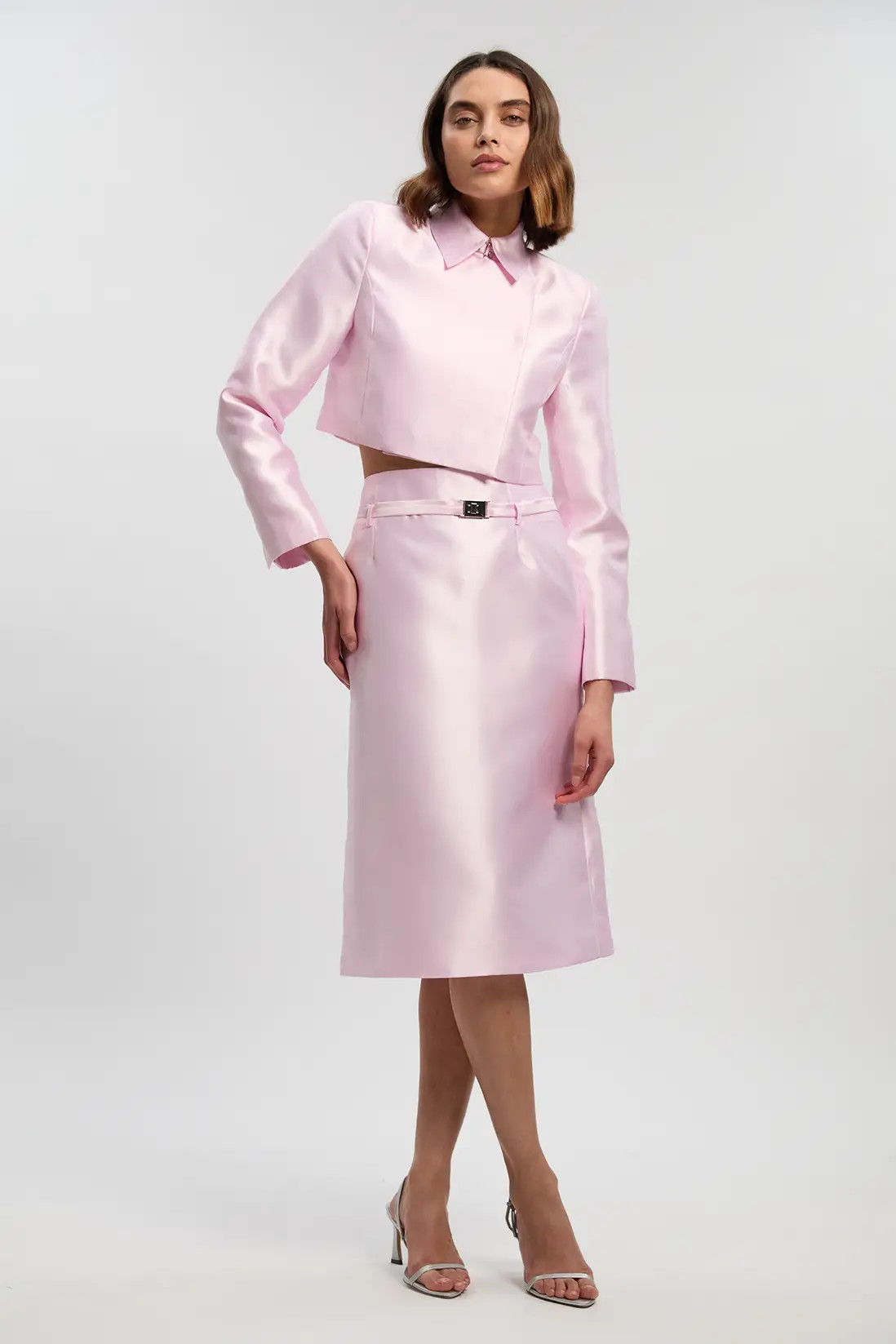 Forever Satin Twill Belted Tailored Midi Skirt | Karen Millen