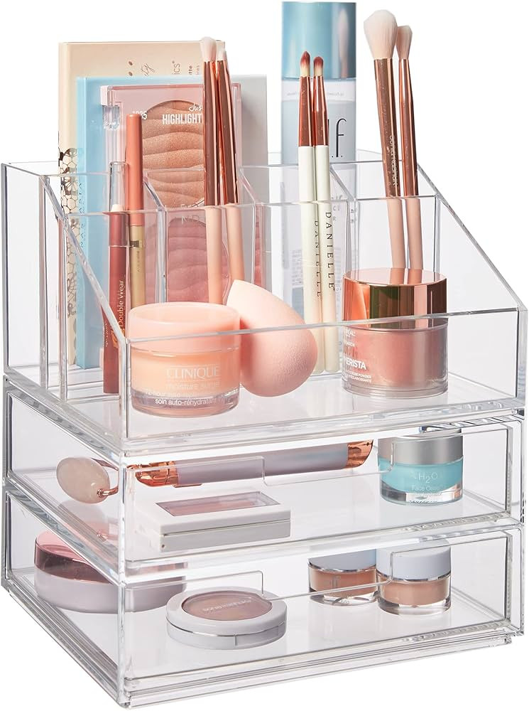 STORi Chloe Stackable Clear Makeup Holder and Double Organizer Drawer Set | Organize Cosmetics an... | Amazon (US)
