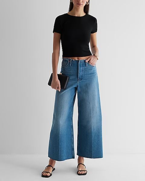 High Waisted Raw Waistband Wide Leg Ankle Jeans | Express
