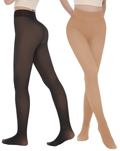 iceROSE 2 Pairs Fleece Lined Thermal Tights for Women – Sheer Black Pantyhose Warm Winter Thick Fake Translucent Leggings | Amazon (US)