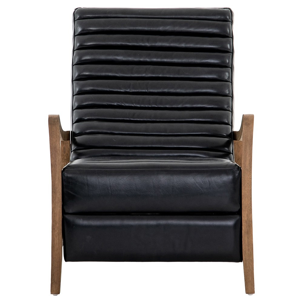 Amani Mid Century Black Leather Brown Wood Tufted Recliner Arm Chair | Kathy Kuo Home