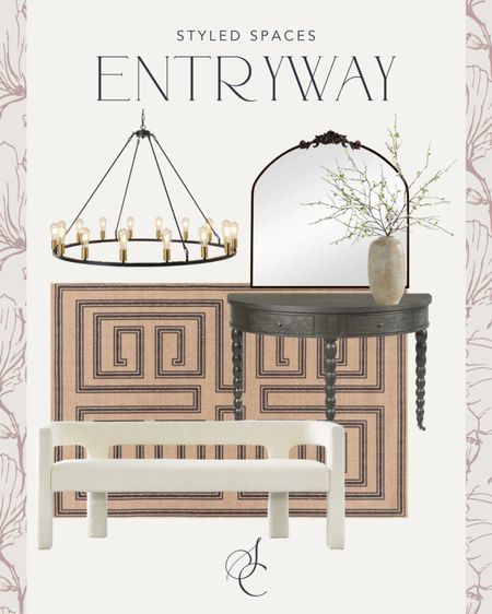 Entryway decor! 

rug, boucle bench, half round turned leg table, arched wall mirror, Amazon, round large chandelier, vase, faux stems

#LTKstyletip #LTKunder100 #LTKhome