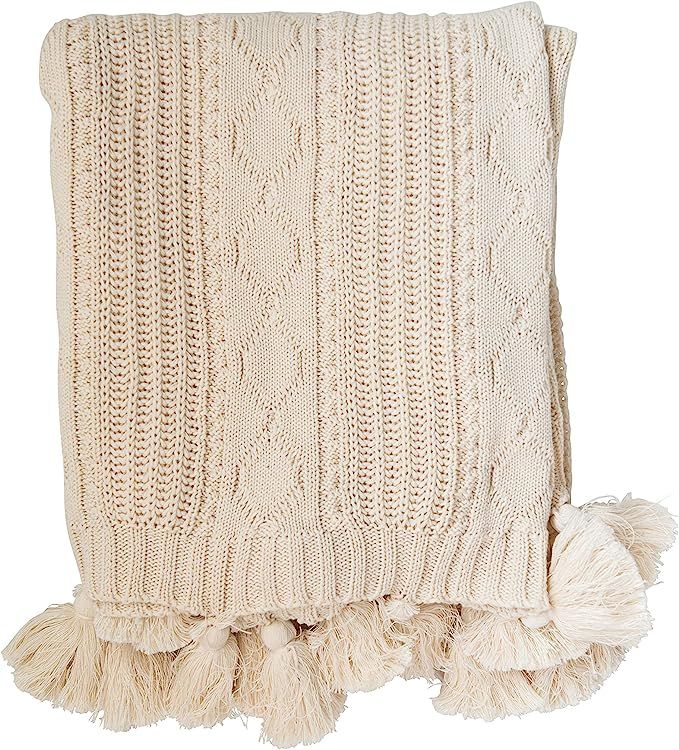 Creative Co-Op Chunky Cable Knit Cream Cotton Throw with Tassels | Amazon (US)