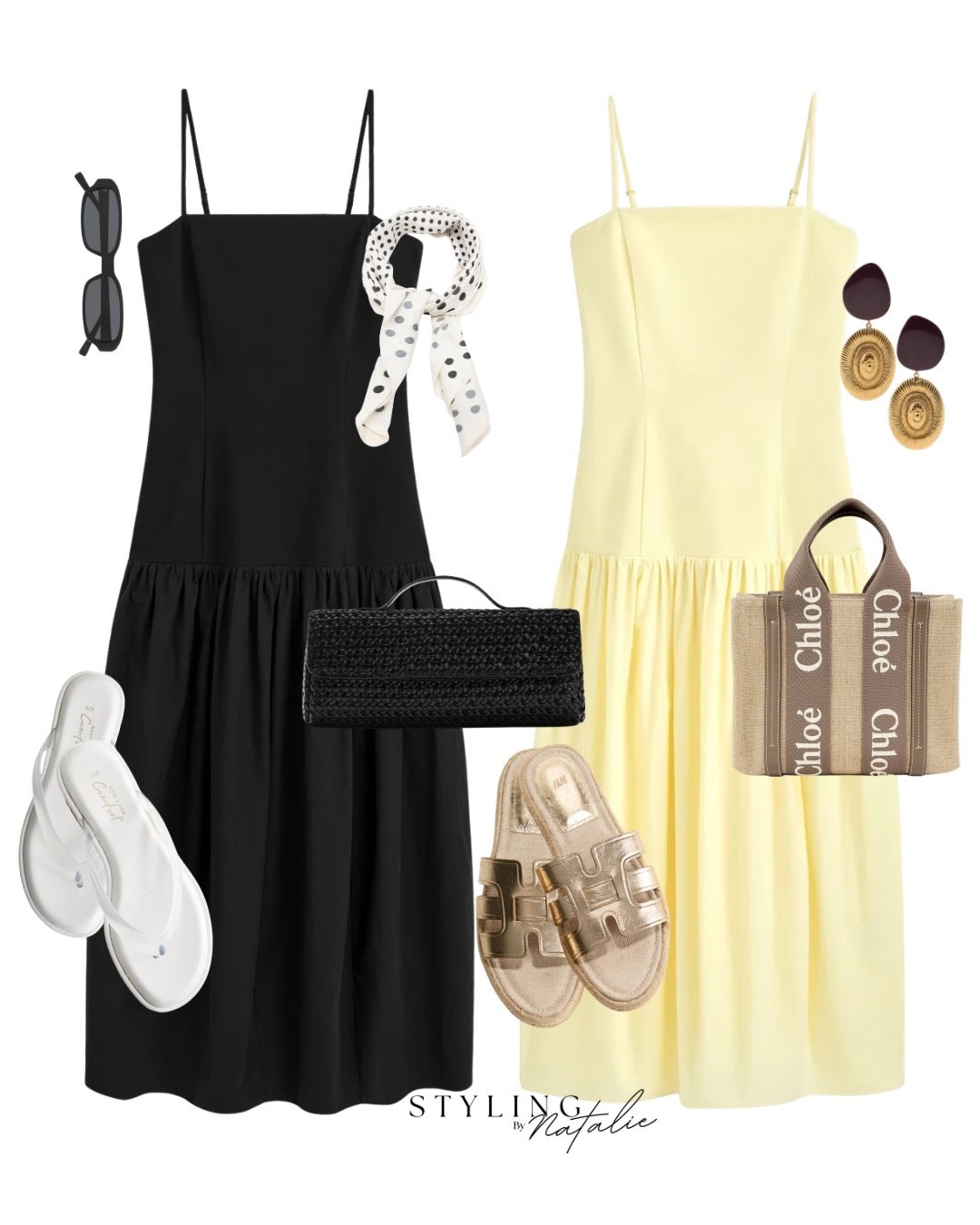 Summer dresses - 
Drop waist dress, butter yellow maxi dress, Chloe tote bag, statement earrings, gold espadrille sandals. 
Black long dress, polka dot scarf, sunglasses and braided clutch bag. Weekend outfits, summer holiday dress, city break, day dress, sundress, thong sandals, wedding guest outfit, date night.

#LTKsummer #LTKwedding #LTKdresses